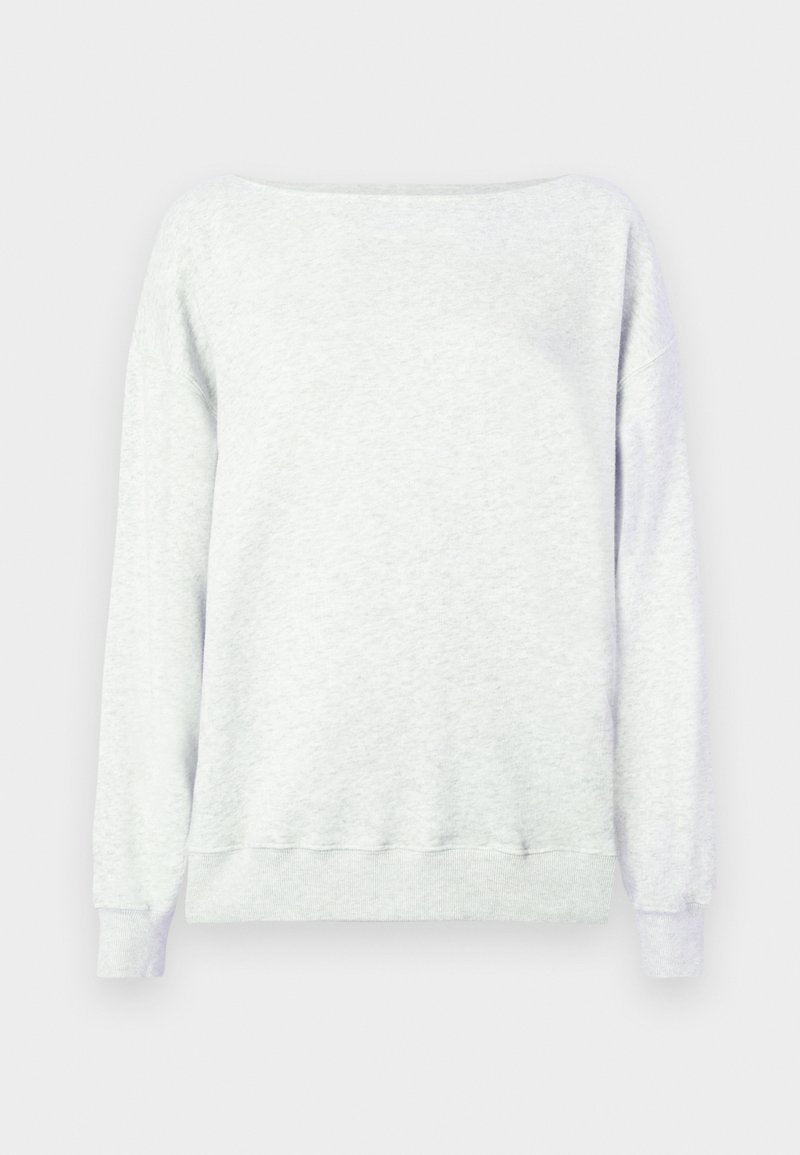 Hellgrauer Pullover mit weitem Halsausschnitt, langen Ärmeln und gerippten Bündchen. Hergestellt aus einem weichen, strukturierten Baumwollmischgewebe.