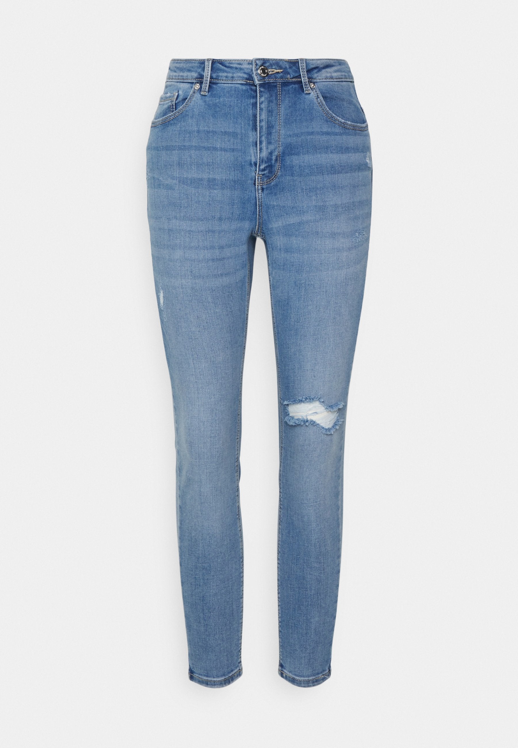 Helle blaue Denim-Jeans mit slim fit, mit mittelhoher Taille, subtilen Ausbleichungen und einem distressed Knie-Detail. Klassisches Fünf-Taschen-Design.