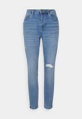 Helle blaue Denim-Jeans mit slim fit, mit mittelhoher Taille, subtilen Ausbleichungen und einem distressed Knie-Detail. Klassisches Fünf-Taschen-Design.