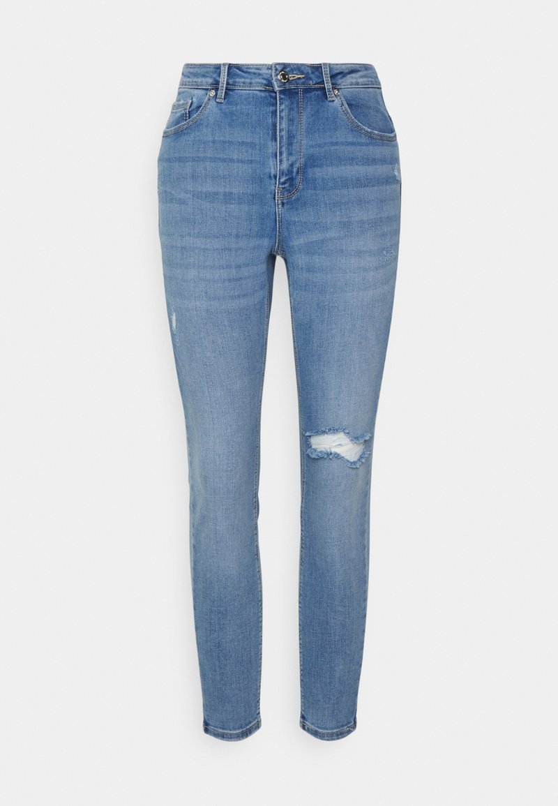Helle blaue Denim-Jeans mit slim fit, mit mittelhoher Taille, subtilen Ausbleichungen und einem distressed Knie-Detail. Klassisches Fünf-Taschen-Design.