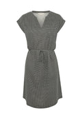 Schwarz-weißes gepunktetes Kleid mit V-Ausschnitt, kurzen Ärmeln und verstellbarem Kordelzug an der Taille. Hergestellt aus leichtem Stoff.