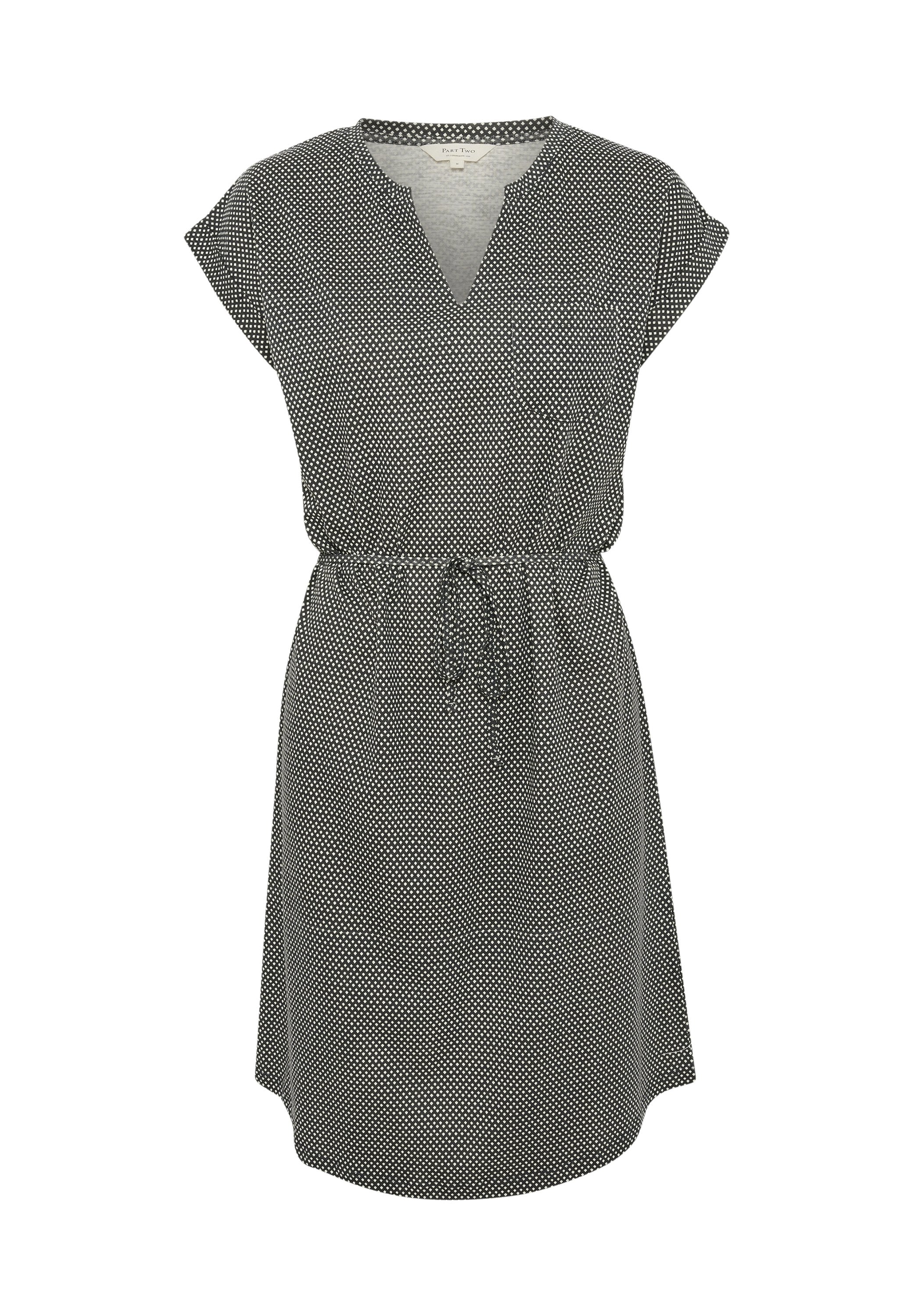 Schwarz-weißes gepunktetes Kleid mit V-Ausschnitt, kurzen Ärmeln und verstellbarem Kordelzug an der Taille. Hergestellt aus leichtem Stoff.