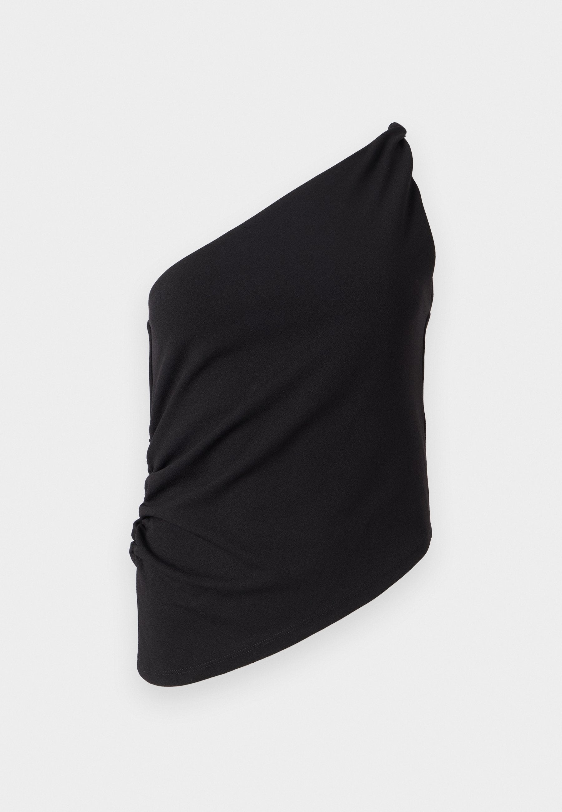 Schwarzes Top mit einem Schulterträger, aus weichem Stoff gefertigt, mit drapiertem Detail an der Seite und einer glatten Textur sowie einer asymmetrischen Silhouette.