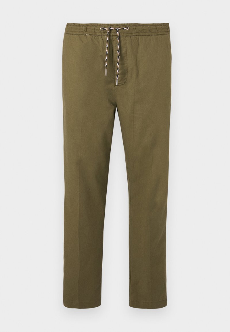 Olivgrüne Hose mit elastischem Bund und verstellbarem Kordelzug. Gerader Schnitt; das Material hat eine glatte, weiche Textur.