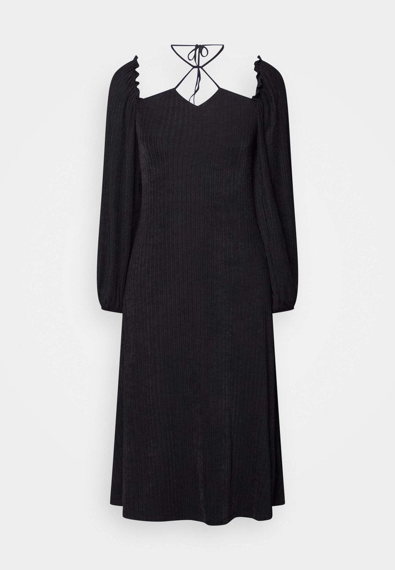 Schwarzes Midi-Kleid mit gerippter Textur, langen Puffärmeln und einem V-Ausschnitt. Verfügt über einen Bindekragen und eine fließende Silhouette.