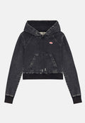 Gekürzter Hoodie aus dunkelgrauem Denim mit Kapuze und Zugband, vorderer Kängurutasche und gerippten Bündchen. Verfügt über ein kleines Logo auf der Brust.