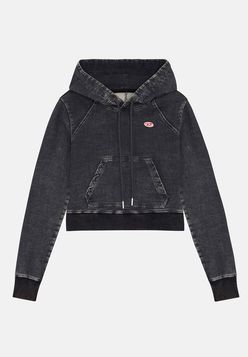 Gekürzter Hoodie aus dunkelgrauem Denim mit Kapuze und Zugband, vorderer Kängurutasche und gerippten Bündchen. Verfügt über ein kleines Logo auf der Brust.