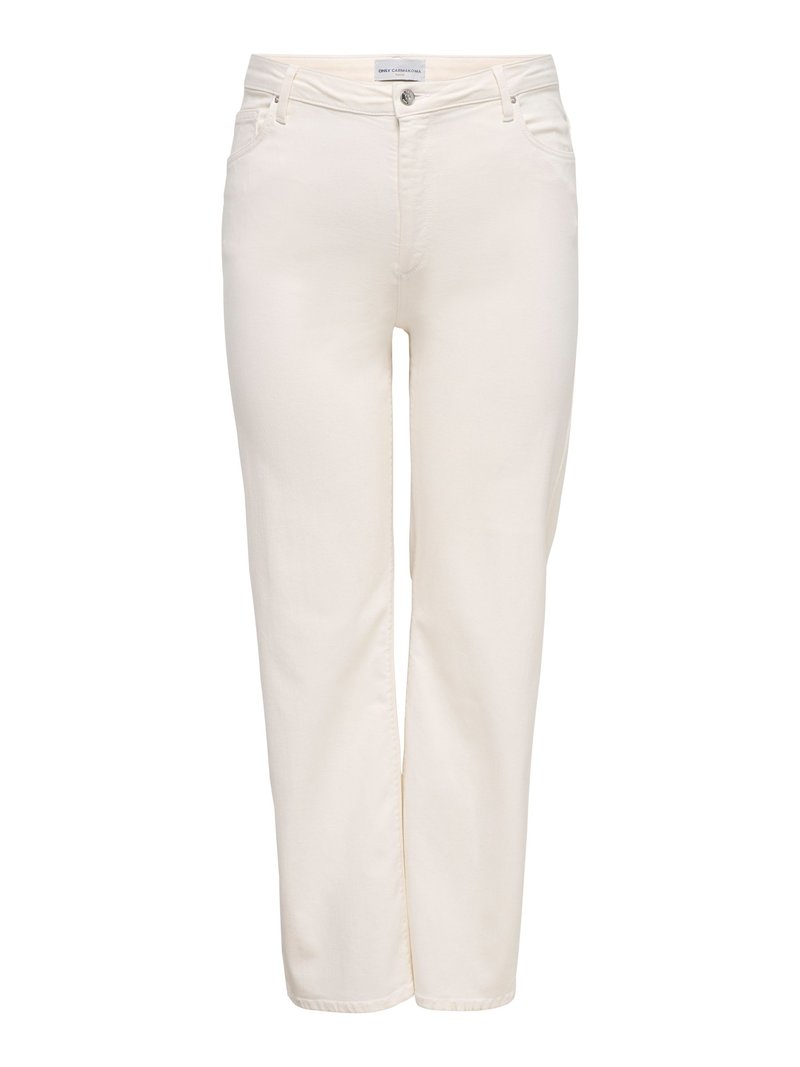 Damen-Hosen in gerader Beinform, cremefarben, mit vorderer Knopf- und Reißverschluss, Gürtelschlaufen und Fünf-Taschen-Stil.