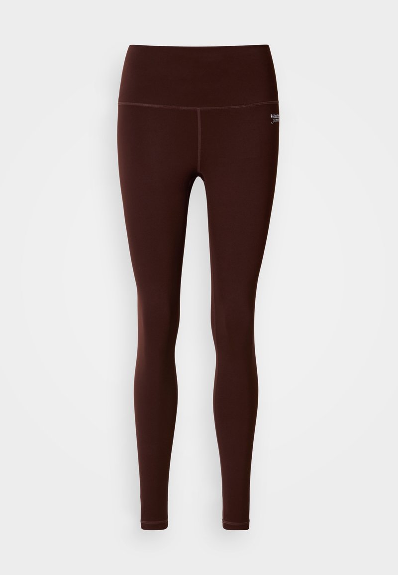 Braune nahtlose Leggings mit hohem Bund, aus dehnbarem Material gefertigt. Einfaches Design ohne sichtbare Muster oder Akzente.