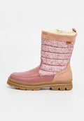 Rosa wasserdichte Stiefel mit einem Schaft aus floraler Textilie, gepolstertem Design, Gummisohle und Wildlederakzenten, ausgestattet mit einer verstärkten Zehenkappe.