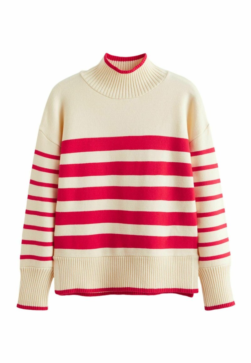 Cremfarbener Pullover mit roten horizontalen Streifen, geripptem hohen Kragen, Bündchen und Saum mit roten Akzenten.