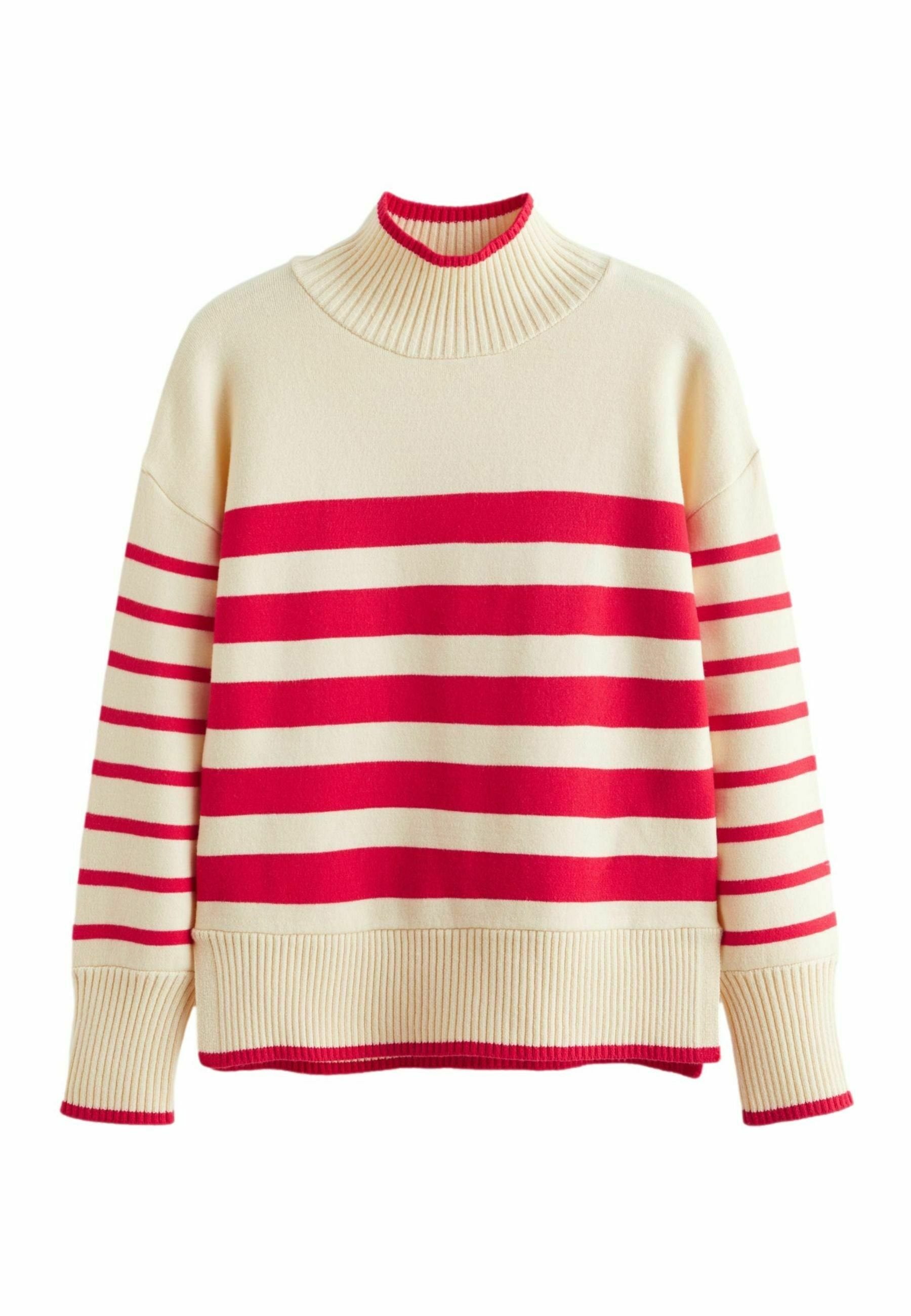 Cremfarbener Pullover mit roten horizontalen Streifen, geripptem hohen Kragen, Bündchen und Saum mit roten Akzenten.