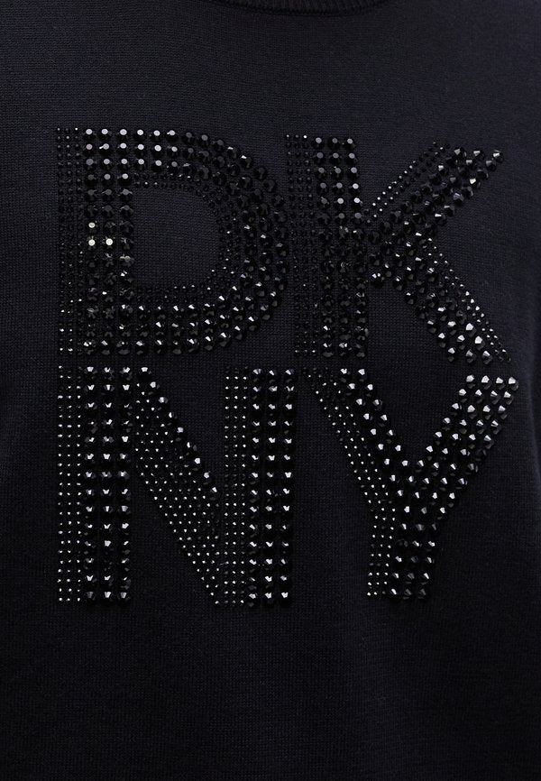DKNY STACKED RHINESTONE EMBELLISHED LOGO LONG SLEEVE CREW NECK SWEATER