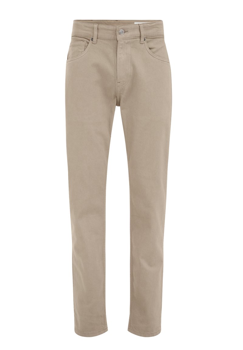 Beige gerade geschnittene Hose aus einem Baumwollmischgewebe. Hat einen Knopfverschluss vorne, Gürtelschlaufen und fünf Taschen. Glatte Textur, einfaches Design.