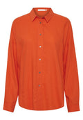 Oranges Button-up-Hemd aus leichtem Stoff. Es verfügt über einen Kragen, lange Ärmel und sechs Knopfverschlüsse mit einer lockeren Passform.