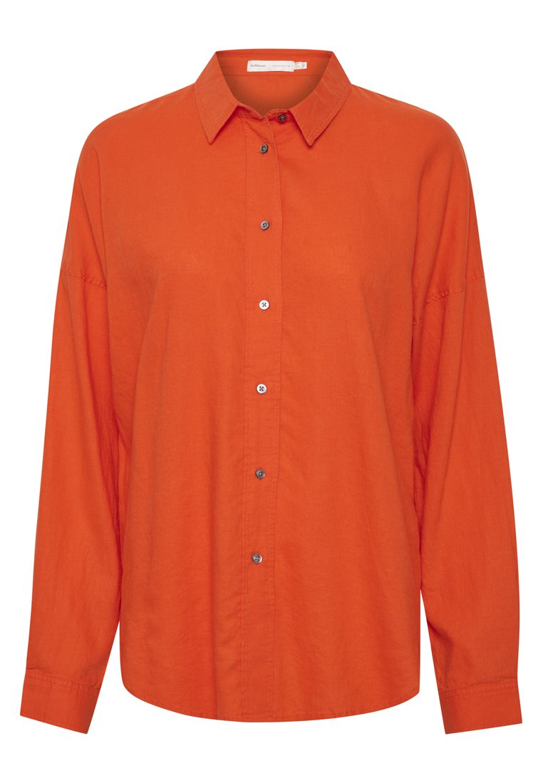 Oranges Button-up-Hemd aus leichtem Stoff. Es verfügt über einen Kragen, lange Ärmel und sechs Knopfverschlüsse mit einer lockeren Passform.