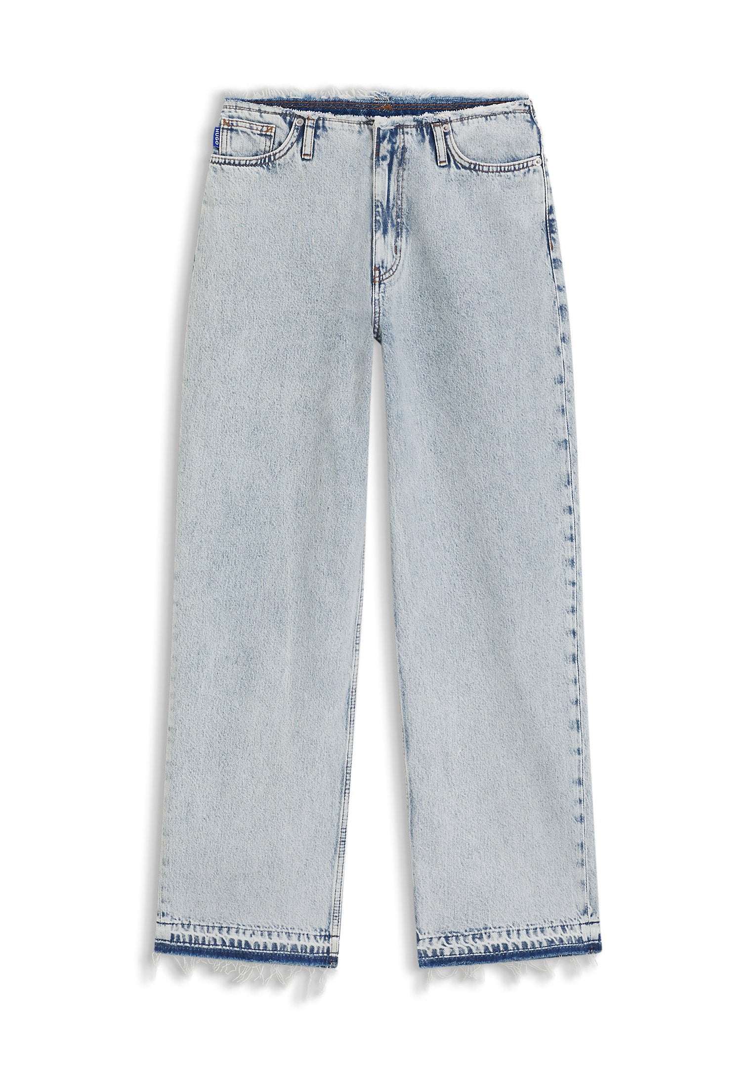 Hellblaue Jeans mit weitem Bein, hoher Taille, Knopf- und Reißverschluss, vorderen Taschen und ausgefransten Saumkanten.
