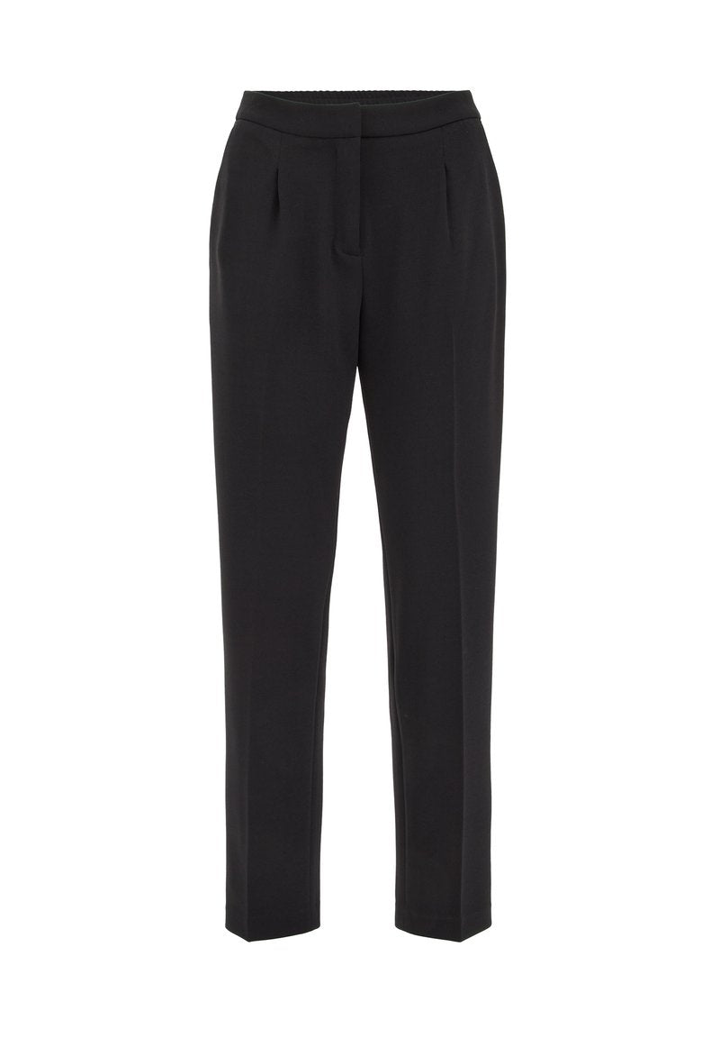 Schwarze maßgeschneiderte Slim-Fit-Hosen mit vorderen Falten, Taillenbund und einem verdeckten Frontverschluss.