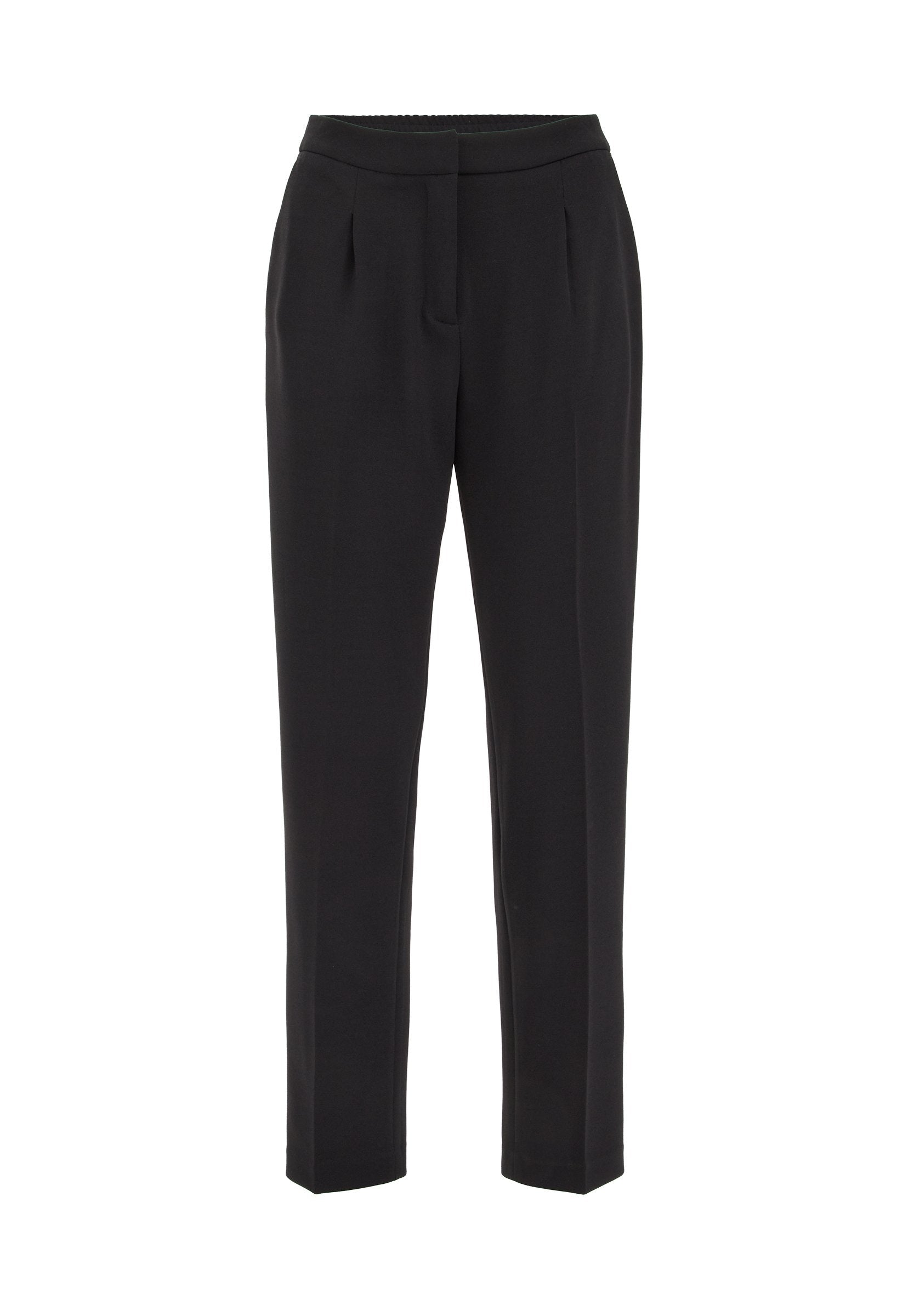 Schwarze maßgeschneiderte Slim-Fit-Hosen mit vorderen Falten, Taillenbund und einem verdeckten Frontverschluss.