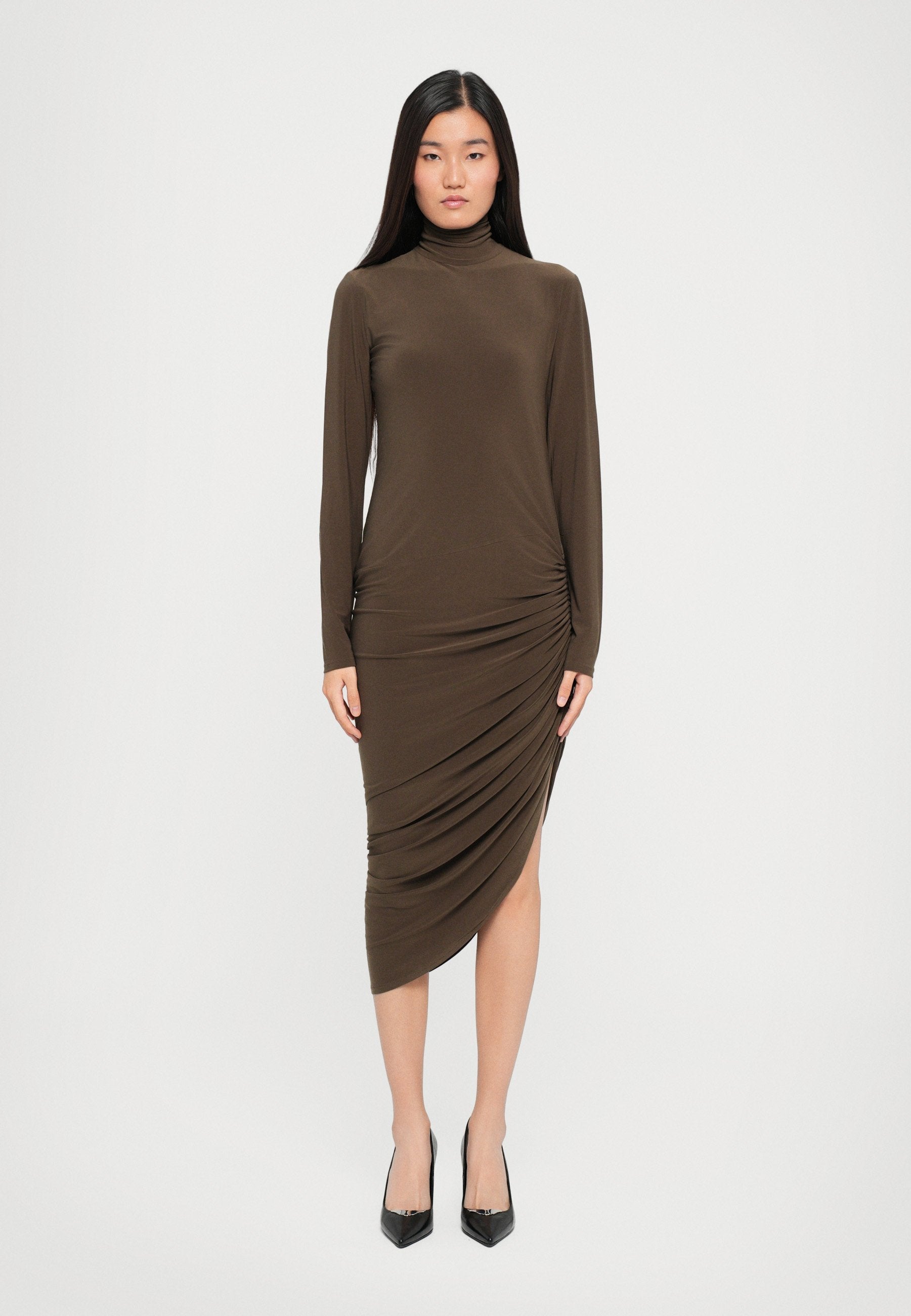 Norma Kamali LONG SLEEVE TURTLENECK SIDE DRAPE DRESS TO MIDCALF