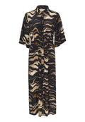 Langärmliges Hemdkleid in Schwarz, Braun und Creme mit einem welligen abstrakten Muster. Verfügt über kurze Ärmel und eine Bindegürtelschlaufe zur Formanpassung.