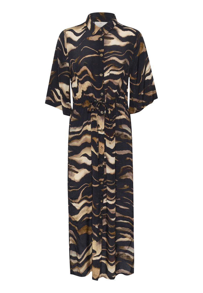 Langärmliges Hemdkleid in Schwarz, Braun und Creme mit einem welligen abstrakten Muster. Verfügt über kurze Ärmel und eine Bindegürtelschlaufe zur Formanpassung.