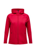 Rote Zip-Jacke mit hohem Kragen, aus glattem, elastischem Material. Verfügt über Raglanärmel und zwei seitliche Taschen mit Reißverschluss.