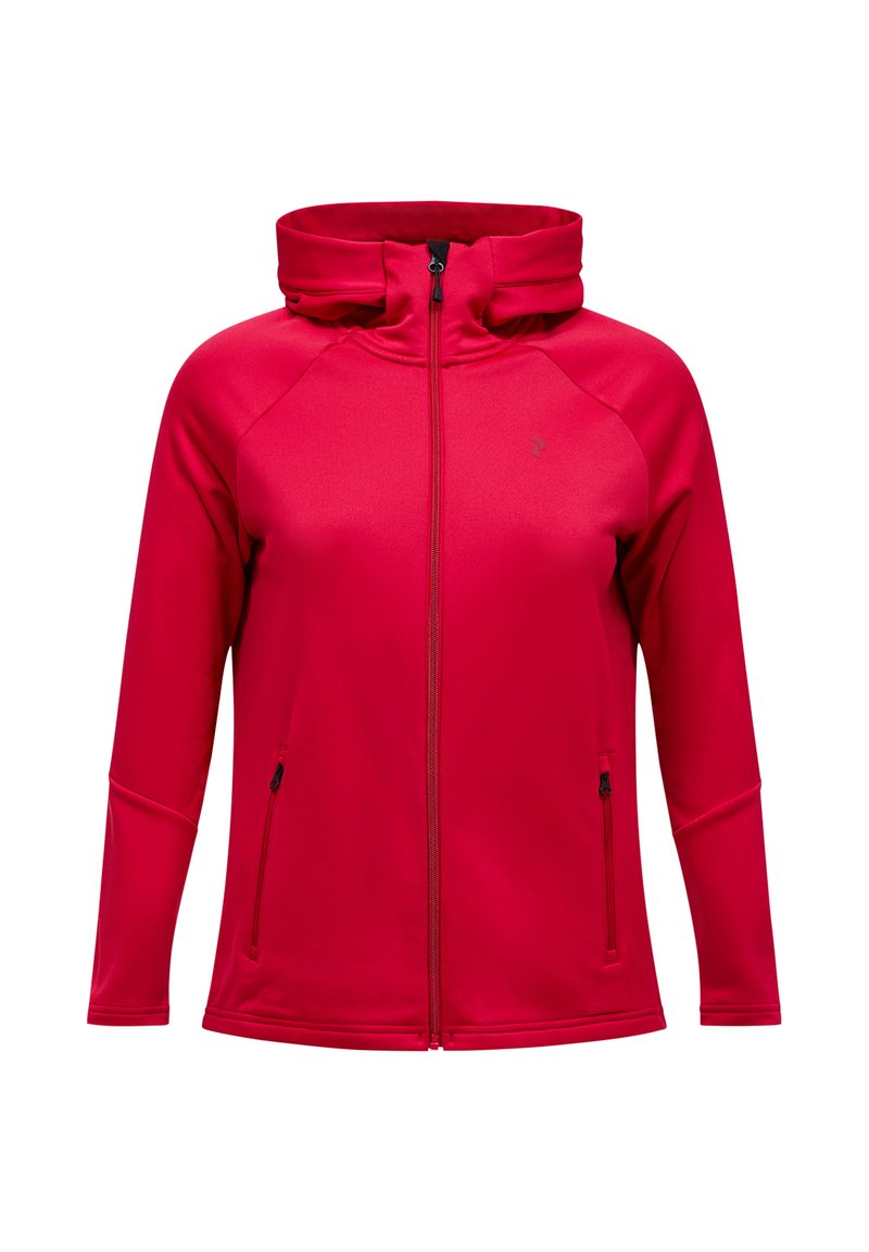 Rote Zip-Jacke mit hohem Kragen, aus glattem, elastischem Material. Verfügt über Raglanärmel und zwei seitliche Taschen mit Reißverschluss.