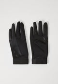 Schwarze Sporthandschuhe aus strukturiertem Stoff, mit passgenauer Form, Silikonelementen für besseren Grip und einem nahtlosen Handgelenksbund.
