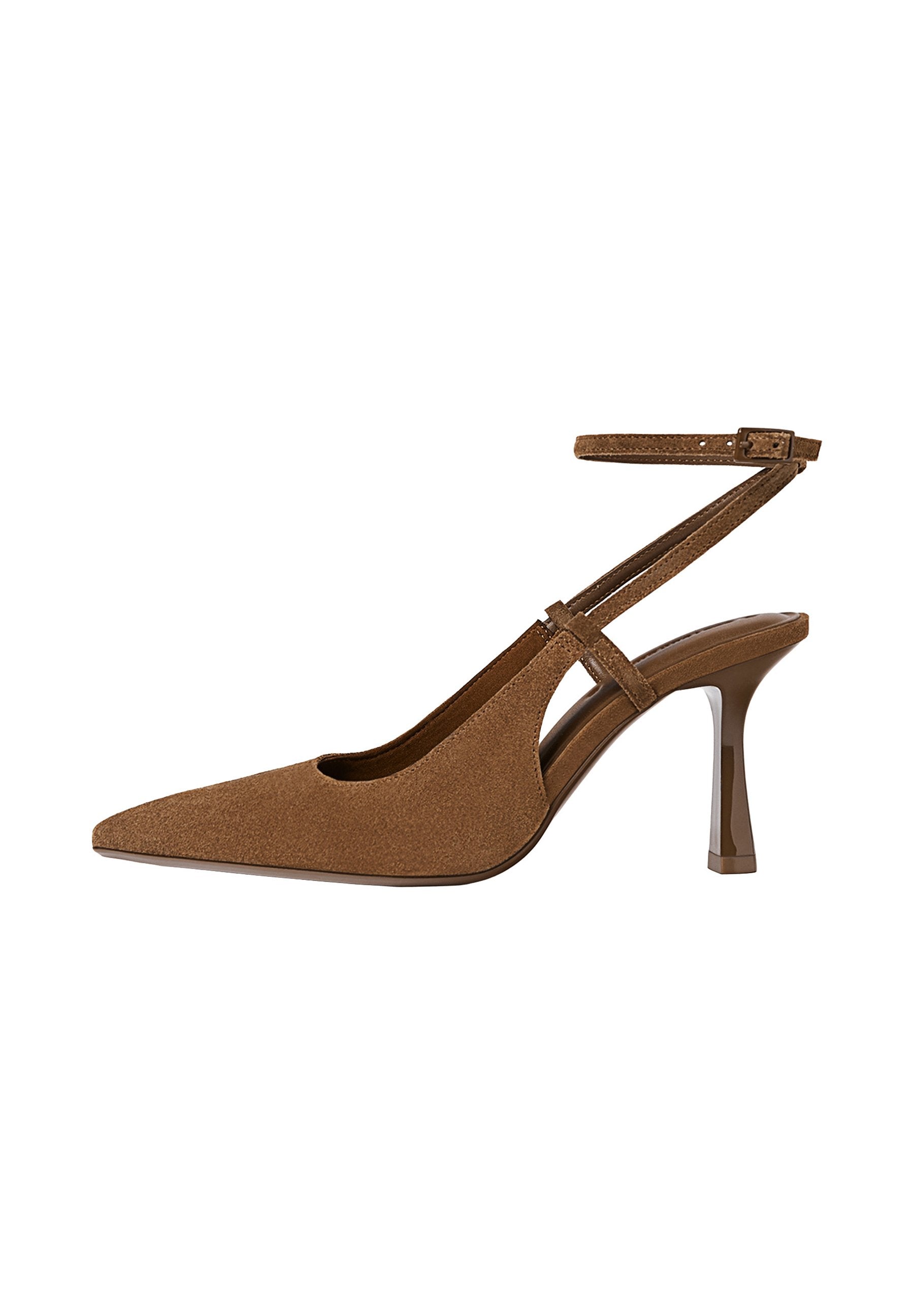 Braune Wildleder-Slingback-High-Heel-Schuhe mit spitzem Zeh und dünnem Knöchelriemen, ausgestattet mit einem klaren geometrischen Absatz.