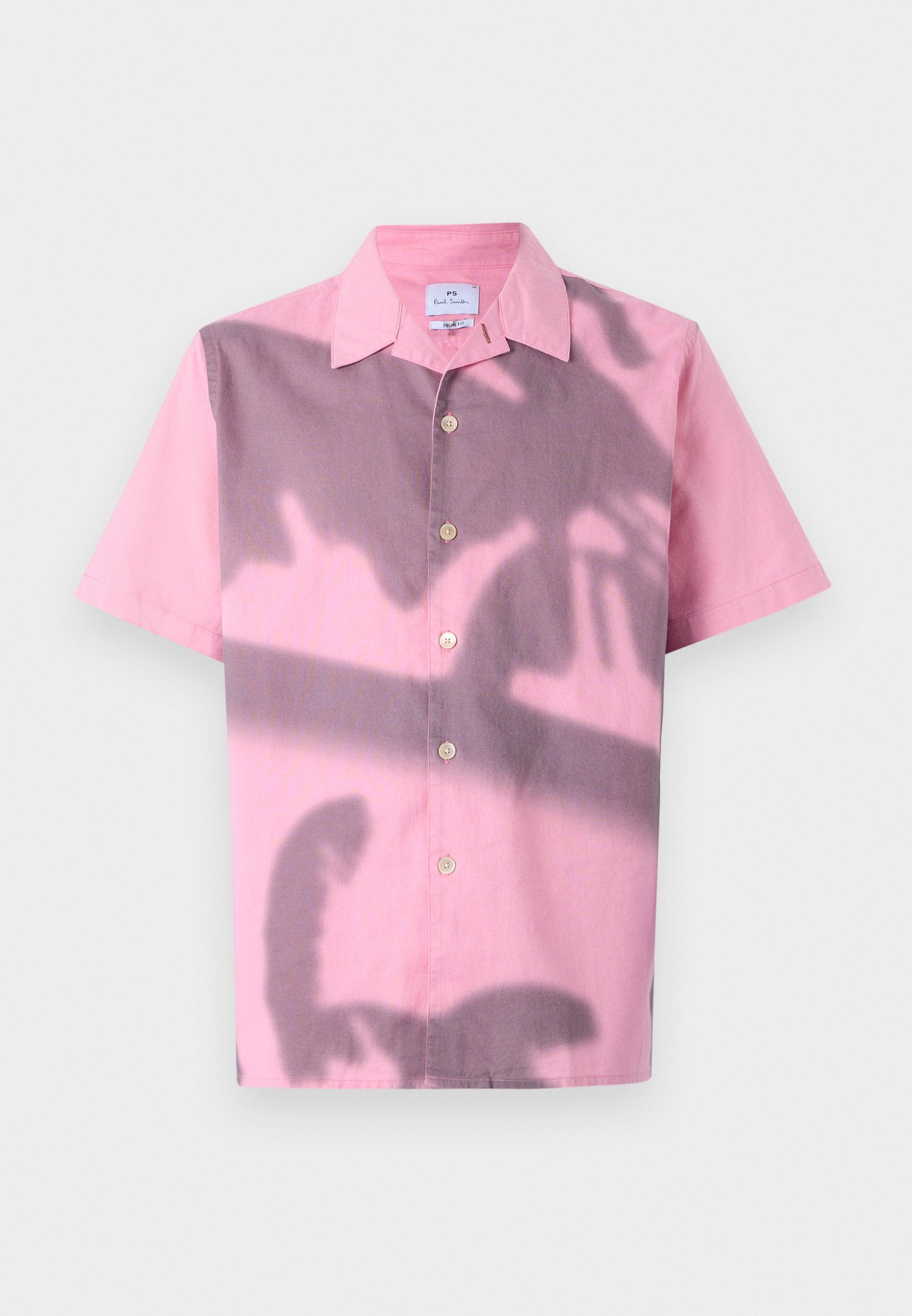 Kurzarmhemd in Pink mit einem Farbverlauf, der zu Lila übergeht, mit einer Knopfleiste und einem klassischen Kragen.