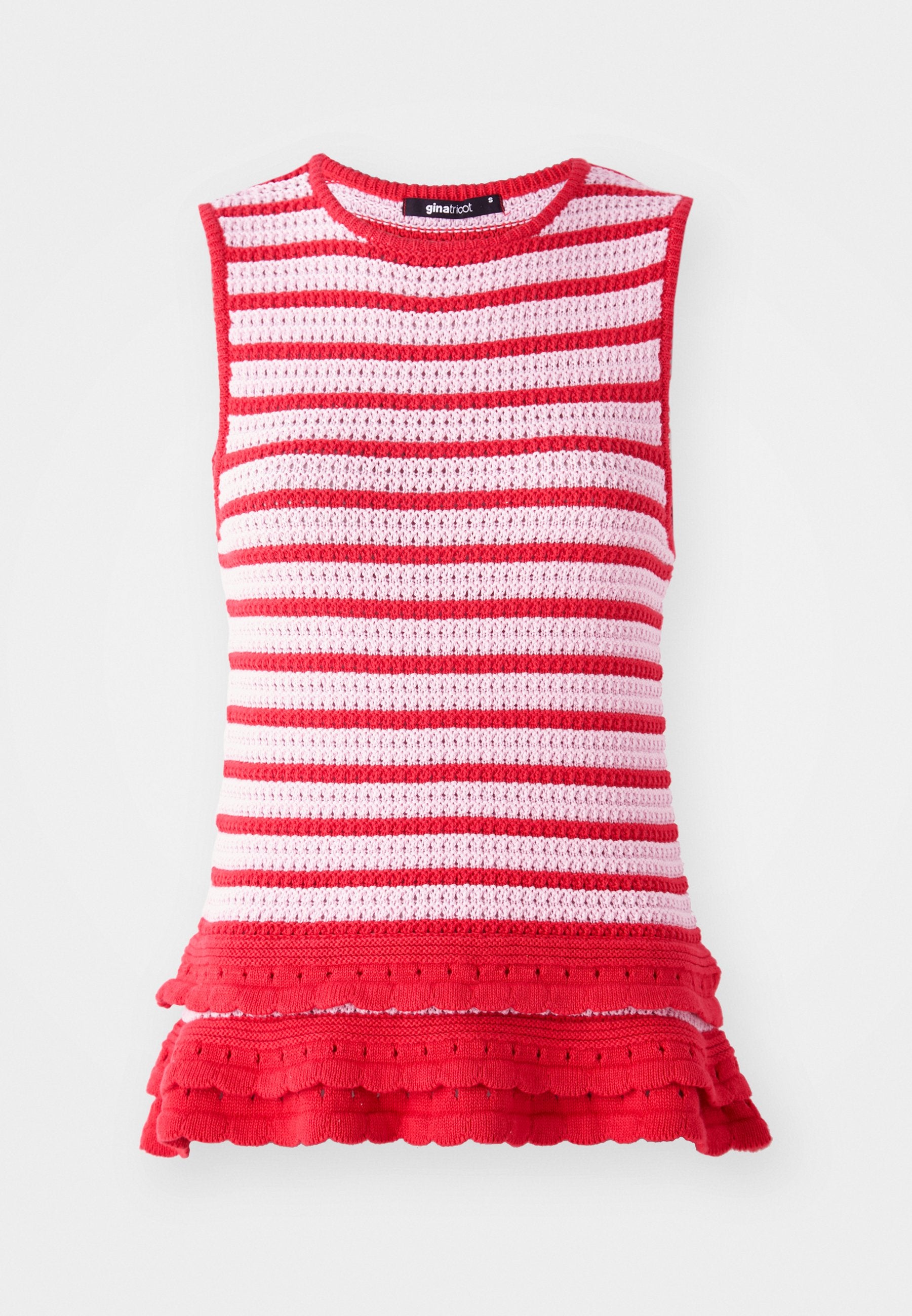Gestreiftes ärmelloses Oberteil in Rot und Pink mit einem strukturierten Strickdesign und einem volanten Saum. Es hat einen runden Ausschnitt und eine enganliegende Silhouette.