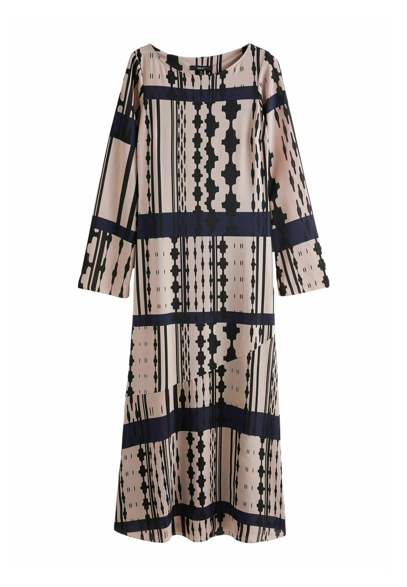 Langärmliges Kleid aus leichtem Stoff, mit einem rosa Grundton und geometrischen Mustern in Schwarz und Marineblau, sowie einer lockeren A-Linien-Silhouette.