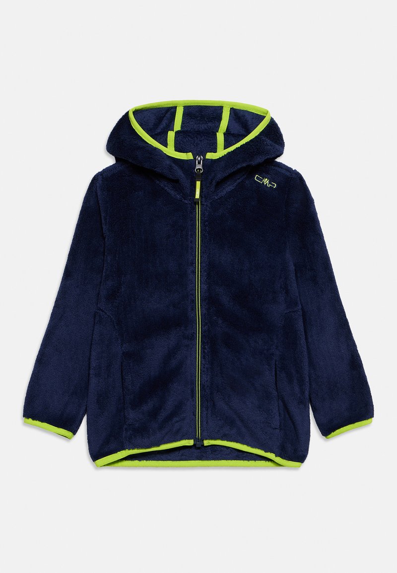 Marineblaue Fleecejacke mit Reißverschluss und Kapuze, limettengrüner Besatz an den Kanten, Bündchen und Innenkapuze sowie Seitentaschen.