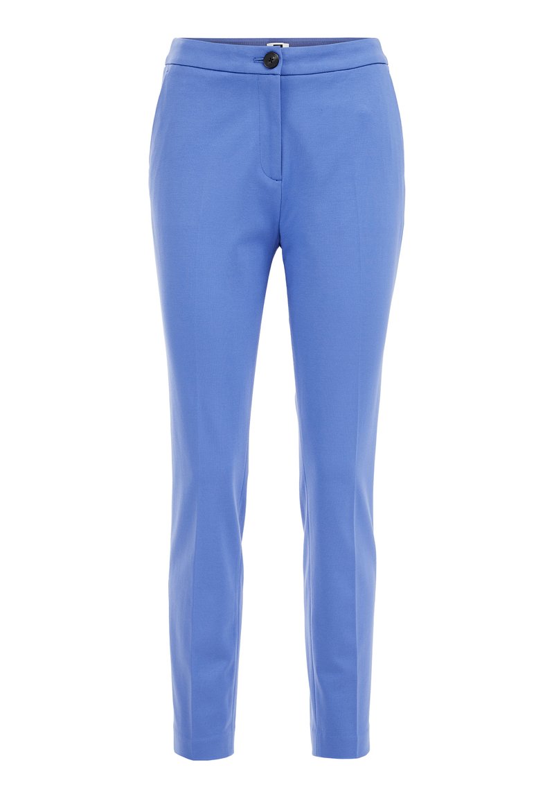 Maßgeschneiderte blaue Hosen aus glattem Stoff; mit Knopfverschluss, schrägen Taschen und schlankem Schnitt mit verjüngten Beinen.