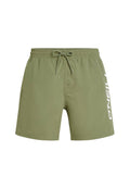 Grüne Bade Shorts aus leichtem Material, mit einem elastischen Bund und Kordelzug sowie einem weißen Logo an der Seite.