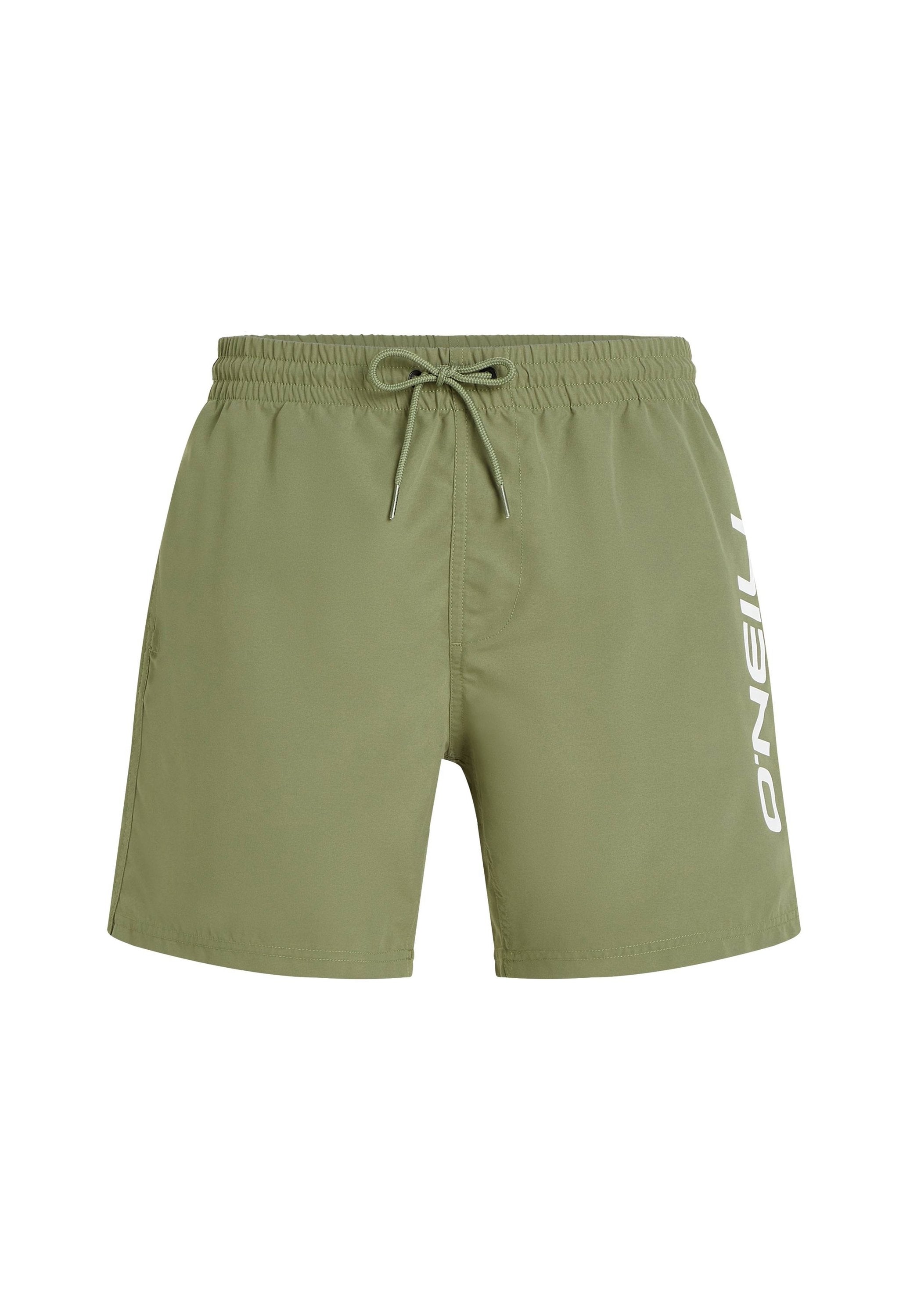 Grüne Bade Shorts aus leichtem Material, mit einem elastischen Bund und Kordelzug sowie einem weißen Logo an der Seite.