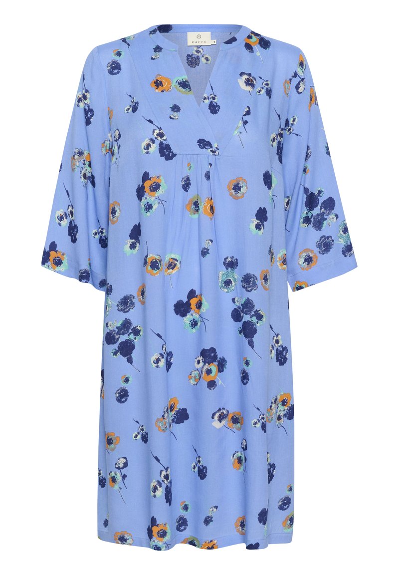 Blaues Blumenkleid mit V-Ausschnitt, ellenbogenlangen Ärmeln und lockerer Passform. Der Stoff zeigt ein farbenfrohes Blumenmuster mit grünen, orangenen und marineblauen Akzenten.