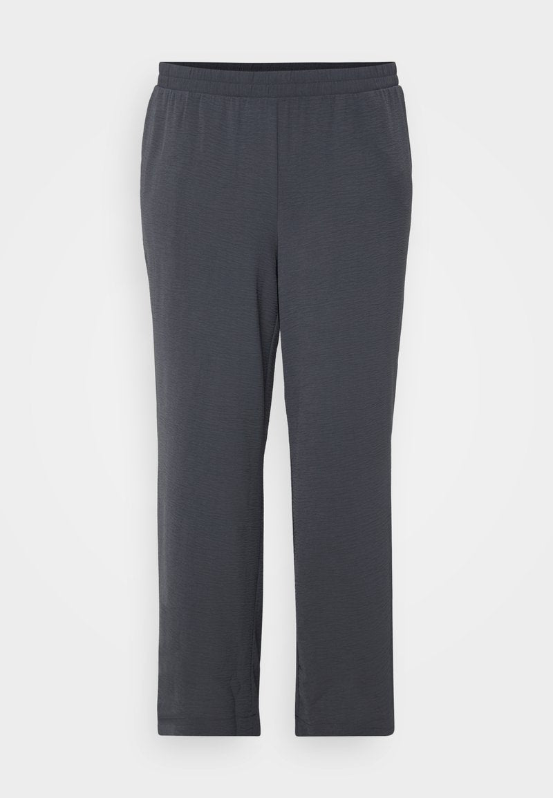 Dunkelgraue Hose mit elastischem Bund, aus einem strukturierten Stoff gefertigt. Gerader Schnitt mit glatter Oberfläche und ohne sichtbare Verzierungen.