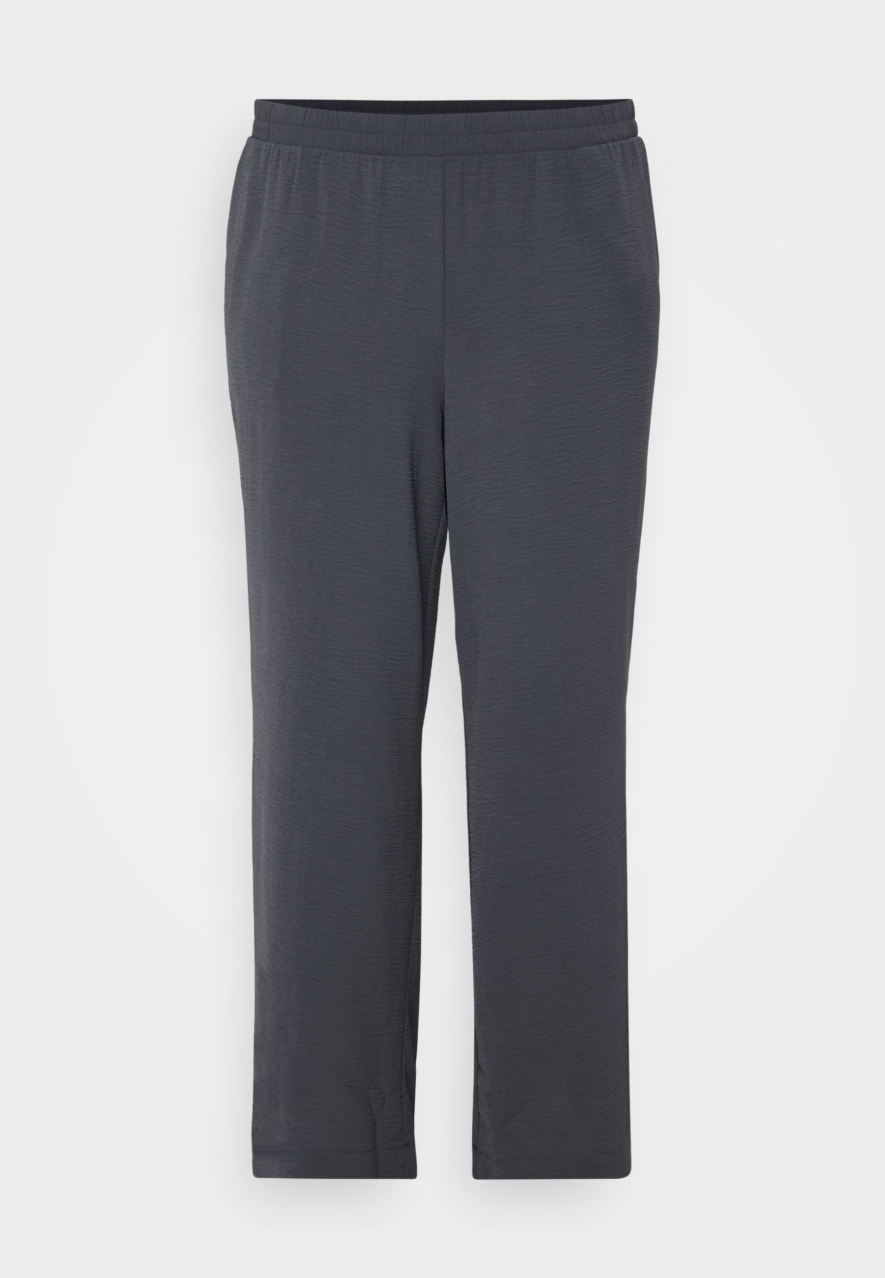 Dunkelgraue Hose mit elastischem Bund, aus einem strukturierten Stoff gefertigt. Gerader Schnitt mit glatter Oberfläche und ohne sichtbare Verzierungen.