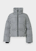 Gekürzte Steppjacke mit schwarzem und weißem Hahnentrittmuster, hohem Kragen, Reißverschluss vorne und gerippten Bündchen für zusätzliche Wärme.