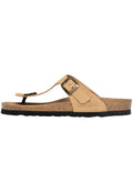 Beige Flip-Flop-Sandal mit Korkfußbett, Schnallenriemen und schwarzer Gummisohle; glatte Textur und minimalistisches Design.