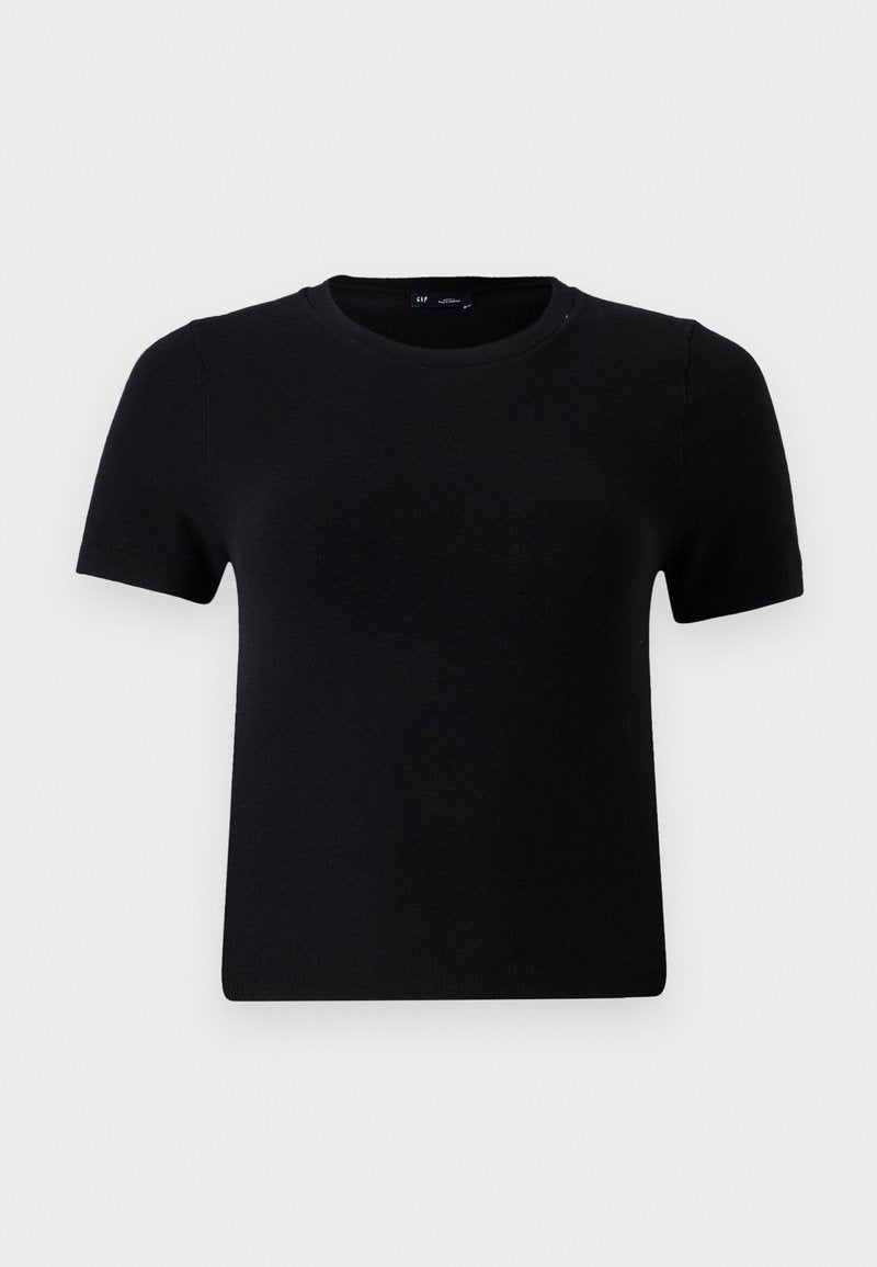 Schwarzes T-Shirt mit kurzen Ärmeln und rundem Halsausschnitt, gefertigt aus weichem Stoff. Besitzt eine klassische Passform und ein sauberes, simples Design.