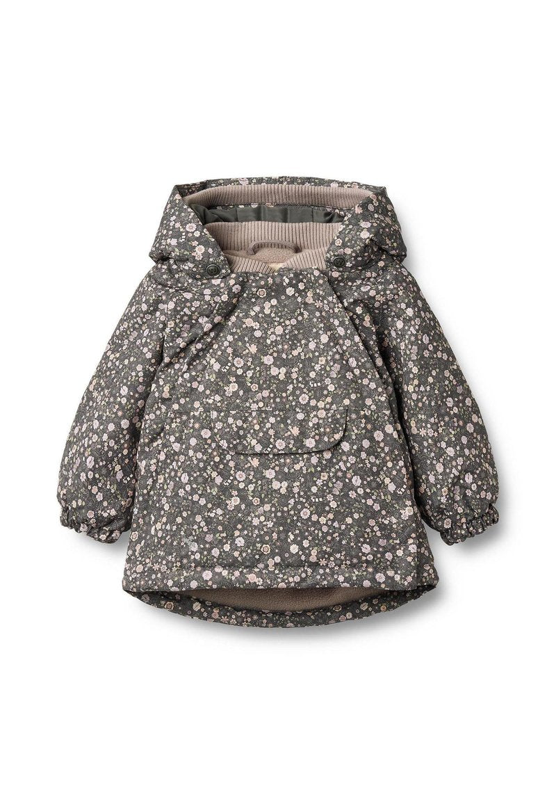 Gesteppte Jacke in Dunkelgrau mit floralem Muster in Pink und Weiß, ausgestattet mit Kapuze, elastischen Bündchen und einer Vordertasche.