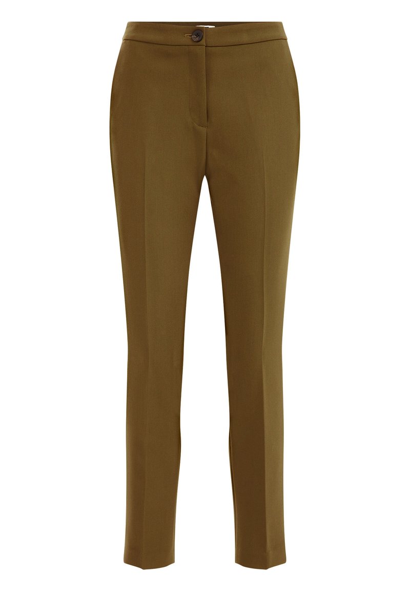Olivgrüne, taillierte Hose mit gerader Passform, ausgestattet mit einem einzelnen Knopfverschluss und zwei Seitentaschen. Glatte Stofftextur.