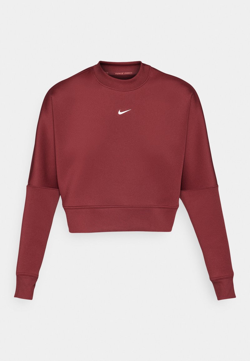 Maronfarbener, kurz geschnittenes Sweatshirt aus weichem Stoff mit langen Ärmeln, einem Rundhalsausschnitt und einem kleinen weißen Nike-Logo auf der Brust.