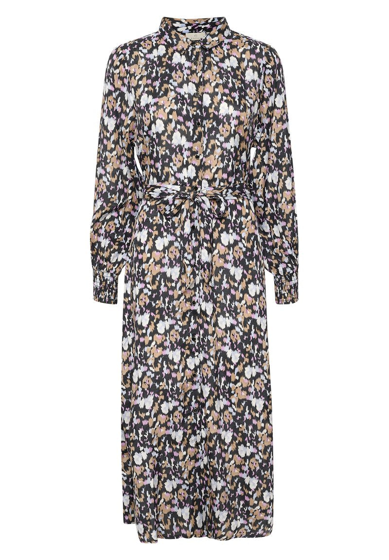 Blumenmuster, langes Kleid aus schwarzem Stoff mit Kragen, Knopfleiste, langen Ärmeln und einem gebundenen Gürtel. Verfügt über ein mehrfarbiges Blumendesign auf der gesamten Fläche.