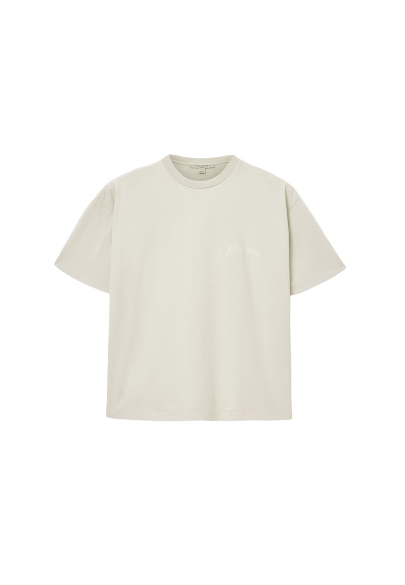 Hellbeiges Baumwoll-T-Shirt mit Rundhalsausschnitt, kurzen Ärmeln und einem dezenten weißen Logo auf der linken Brustseite. Glatte Textur.