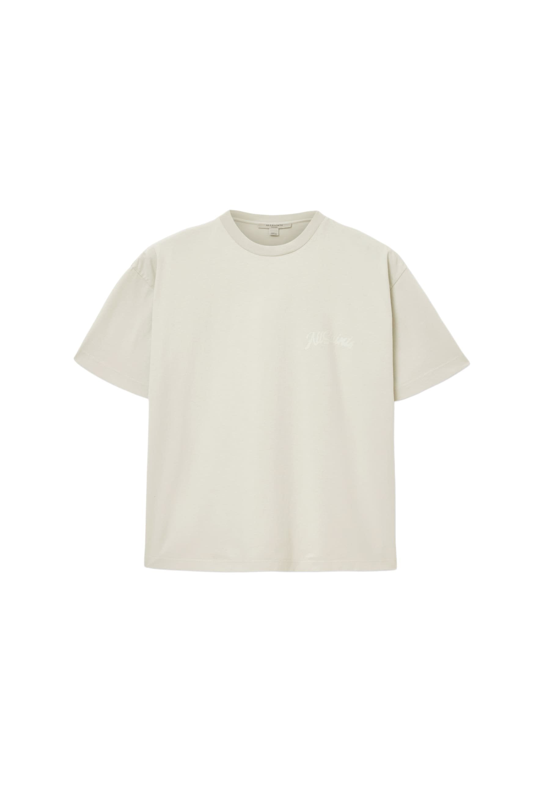Hellbeiges Baumwoll-T-Shirt mit Rundhalsausschnitt, kurzen Ärmeln und einem dezenten weißen Logo auf der linken Brustseite. Glatte Textur.