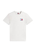 Weißes T-Shirt mit kurzen Ärmeln und kleinem Tommy Jeans-Logo in Rot, Weiß und Blau auf der oberen linken Brust.
